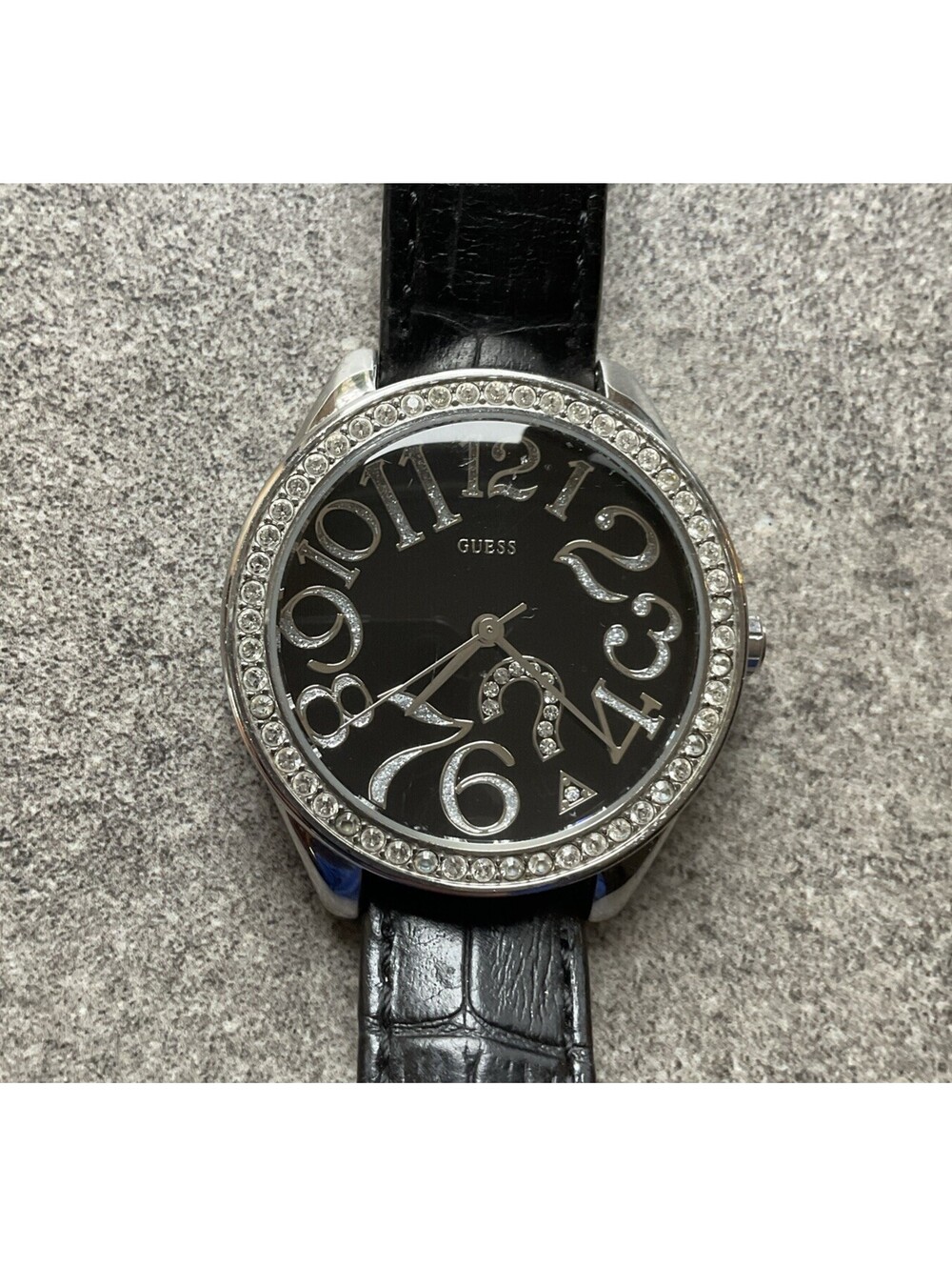 Guess Crystal Bezel Womens Watch Black Leather Band 37mm Silver Tone Case Bin C